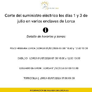 Corte del suministro el�ctrico los d�as 1 y 3 de julio en varios enclaves de Lorca