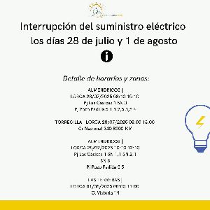Corte del suministro elctrico los das 28 de julio y 1 de agosto en varios enclaves de Lorca