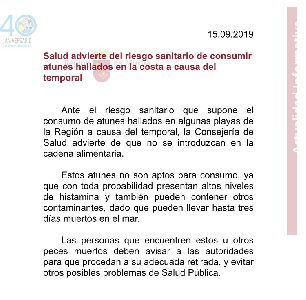 Salud advierte del riesgo sanitario de consumir atunes hallados en la costa a causa del temporal